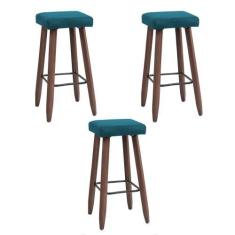 Imagem de Kit 3 Banquetas Altas Quadradas Pés Madeira Modelo Paris - JOTABE, azu