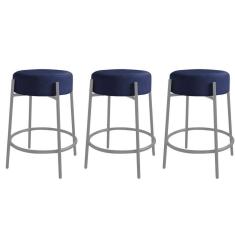 Imagem de Kit 03 Banquetas Alta Sintra 65cm Redonda Ferro Cinza Suede Azul Marinho - Ahazzo Móveis