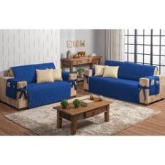 Imagem de Kit protetor de sofá 2 e 3 lugares azul com 4 capas de almofada bege