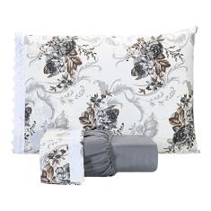 Imagem de Jogo De Lençol Estampado Casal King 03 Peças Flores Cinza - Algodão