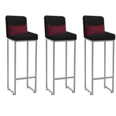 Imagem de Kit 03 Banqueta Alta com Encosto Lucca Industrial Cozinha Balcão Ferro Cinza Suede Preto e Almofada Bordô - Ahazzo Móveis