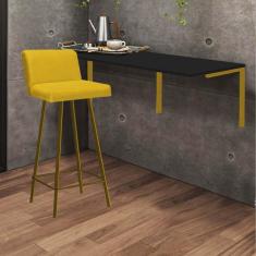 Imagem de Kit Mesa Suspensa de Parede Fixa MDF Preto + 1 Banqueta Lexi Ferro Dourado Suede Amarelo - Ahazzo Móveis