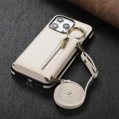Imagem de Alça de ombro com zíper carteira de couro capa porta cartão para iPhone 11 12 13 14 15 Pro Max Plus cordão telefone bolsa capa anel, bege, para iPhone 12 Pro