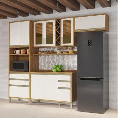Imagem de Cozinha Modulada Compacta 4 Peças 9 Portas com Vidro e Tampo 100% Mdf Barbados Espresso Móveis Amêndoa/Off White