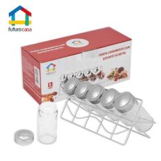 Imagem de Porta Codimentos Em Aco Inox 5 Peças Com Suporte Em Metal