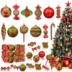 Imagem de Conjunto de pirulitos de doces de enfeite de Natal - 48 peças para decoração de árvore de Natal, pingentes de bola de bengalas de doces brilhantes de plástico para decoração de casa de ano novo,