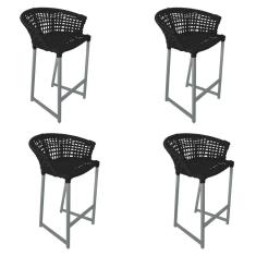 Imagem de Kit 4 Banquetas Reis em Corda Náutica e Base em Alumínio Cinza para Área Gourmet - Externa Preta