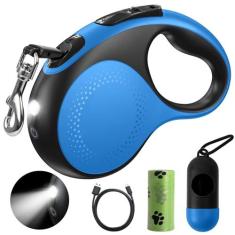 Imagem de Coleira retrátil para cães com luz LED, coleira recarregável Douexio de 5 metros para cães médios e grandes de até 50 kg, livre de emaranhamento de 360°, controle de um botão, gancho de alta