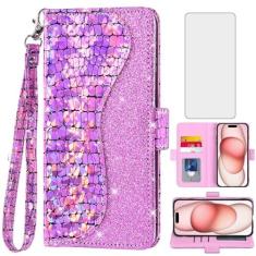 Imagem de Asuwish Capa de celular para iPhone 15 de 6,1 polegadas com protetor de tela e alça de pulso flip porta-cartão de crédito com glitter com suporte para celular iPhone15 5G i i-Phone i15 15 capa