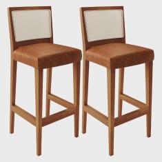Imagem de Kit 02 Banquetas Alta Para Cozinha Encosto em Tela Branco Zion L02 Couríssimo Camel - Lyam Decor