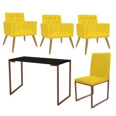 Imagem de Kit Escritório Stan 3 Poltronas Capitonê com Cadeira e Mesa Industrial Preto Bronze Suede Amarelo - Ahz Móveis