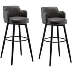 Imagem de Banquetas De Bar Cinza Giratória Cadeira De Barra Conjunto De 2 Bancos Com Encosto Altura Do Balcão De Cozinha Com Braços, Assento Estofado Cromado Com Pedal De Couro Nappa, Para Bares, Cafés, Lou