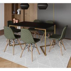 Imagem de Mesa Industrial Retangular Preta Base V Dourada 137x90cm com 6 Cadeiras Estofadas Verdes Madeira 