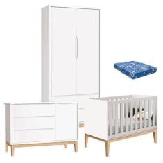 Imagem de Quarto De Bebê Classic 2 Portas Com Colchão Branco Pés Madeira Natural - Reller