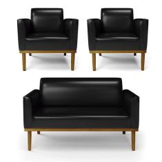 Imagem de Sof  Namoradeira Com 2 Poltronas Base De Madeira Fixa Castanh