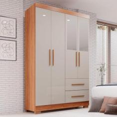 Imagem de Guarda-roupa Solteiro 4 Portas com Espelho 2 Gavetas Estrela Premium Cinamomo/off-white