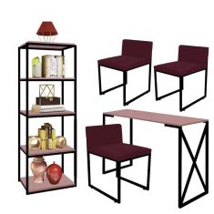 Imagem de Kit Escritório Bex 3 Cadeiras Suede Bordô com 1 Mesa e 1 Livreiro Ferro Preto MDF Rose Rosa - Ahazzo Móveis
