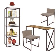 Imagem de Kit Escritório Bex 2 Cadeiras Corino Bege com 1 Mesa e 1 Livreiro Ferro Marrom MDF Caramelo - Ahazzo Móveis