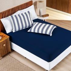 Imagem de Jogo Cama Lençol Daily Solteiro Malha 100% Algodão Listrado 2 Peças - Azul Marinho