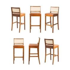 Imagem de Kit 6 Banquetas com Encosto e Apoio para Pés Tiê Cabecasa Madeiramadeira Amêndoa/Caramelo