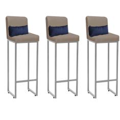 Imagem de Kit 03 Banqueta Alta com Encosto Lucca Industrial Cozinha Balcão Ferro Cinza Corino Bege e Almofada Azul Marinho - Ahazzo Móveis