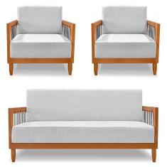 Imagem de Kit 2 Poltronas E Sofá Living 2 Lugares Marilia 1,60m Linho Base Em Madeira Castanho - Pallazio Cor Cinza
