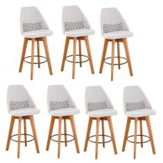 Imagem de Kit 07 Banquetas Alta Maya Giratória Com Encosto Linho Bege Claro e Almofada Zigzag - Aurora Line