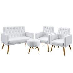 Imagem de Kit Poltrona Namoradeira e 2 Poltronas Almofadas Nina Com Rodapé E Capitonê Puff Solar Couro Artificial  Aradecor