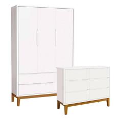 Imagem de Cômoda 6 Portas e Guarda Roupa Infantil 3 Portas New Classic Branco Acetinado com Pés Madeira - Reller