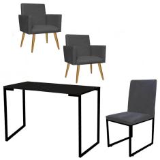 Imagem de Kit Escritório Stan 2 Poltronas com Cadeira e Mesa Industrial Tampo Preto Suede Cinza - Ahz Móveis