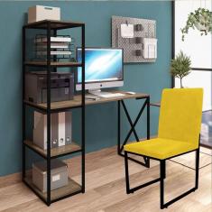 Imagem de Kit Escritório Mesa Max BeX 5 Prateleiras e Cadeira Stan Preto Tampo Rústico Sintético Amarelo - Ahz Móveis