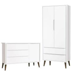 Imagem de Cômoda Infantil com Porta e Guarda Roupa 2 Portas Theo Branco Acetinado com Pés Amadeirado – Reller