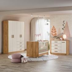 Imagem de Quarto de Bebê Completo Guarda-roupa 4 Portas, Berço Mini Cama Encanto e Cômoda 4 Gavetas Pérola marrom/branco off