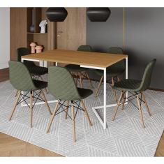 Imagem de Mesa Industrial Retangular Canela Base V Aço Branco 137x90cm 6 Cadeiras Madeira Estofadas Verdes