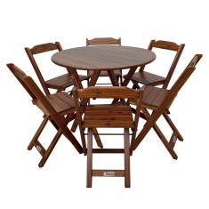 Imagem de Mesa Dobrável de Madeira Redonda 90cm com 6 Cadeiras Imbuia - Tarimatã