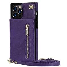 Imagem de Carteira com zíper para iPhone 13 12 Mini 11 X XR XS Pro Max 7 8 Plus Case com suporte para cartão alça de cordão Capa de couro transversal, roxo, para iPhone 12 mini