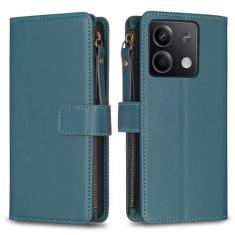 Imagem de Capa com alça de pulso Xiaomi Redmi Note 13 5G, 9 compartimentos para cartão, 1 carteira de couro com zíper, função de suporte, fecho magnético, capa para celular compatível com Redmi Note 13 5G 17 cm