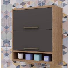 Imagem de Armário Aéreo de Cozinha 80cm com 2 Portas Basculantes e Nicho 100% MDF Vicenza  Castanho/Cinza