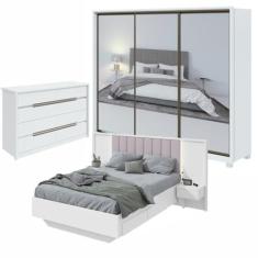 Imagem de Guarda-roupa Casal Super Glass, Cômoda Urban e Cama Casal Solaris Branco