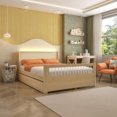 Imagem de Bicama Casal Wave Juvenil Reversível em Led com Rattan, Peseira Palito Casatema Branco/Natural