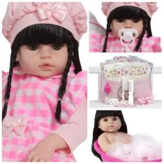 Imagem de Boneca Reborn Bebê Cabelo Preto Princesa Vestido Xadrez Rosa - Cegonha
