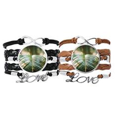 Imagem de DIYthinker Pulseira de mão com imagem de plantas verde folha natural, pulseira de couro com corda de couro, conjunto duplo para presente