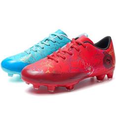 Imagem de DimaiGlobal Chuteira de futebol infantil para meninos e meninas, chuteiras de futebol para treinamento ao ar livre, tênis esportivo profissional, juvenil, grama, tênis unissex, Vermelho/Turquesa, 16