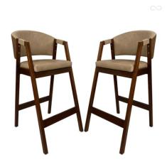 Imagem de Kit 2 Banquetas Alta de Madeira Maciça Capuccino Ravena com Encosto Sintético Marrom Bege CCS