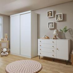 Imagem de Quarto Infantil Guarda-Roupa 2 Porta de Correr 2 Gavetas Elara com Cômoda 1 Porta 4 Gavetas Aurora Branco