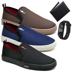 Imagem de Kit 3 Pares Tênis Slip On Masculino Lona + Carteira + Relógio-Masculino