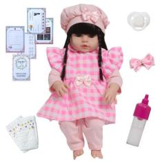 Imagem de Boneca Reborn Bebê Recém Nascida 100% Vinil Enxoval Xadrez - Cegonha R