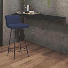 Imagem de Kit Mesa Suspensa de Parede Fixa mdf Preto + 1 Banqueta Lexi Ferro Marrom Sintético Azul Marinho - Ahazzo Móveis