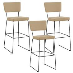 Imagem de Kit 03 Banquetas Alta Cozinha Sala De Jantar Base Aço Fixa Allana L02 Linho Bege Escuro - Lyam Decor