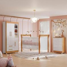 Imagem de Quarto de Bebê Completo com Cômoda, Berço e Guarda Roupas Mia Branco/amadeirado